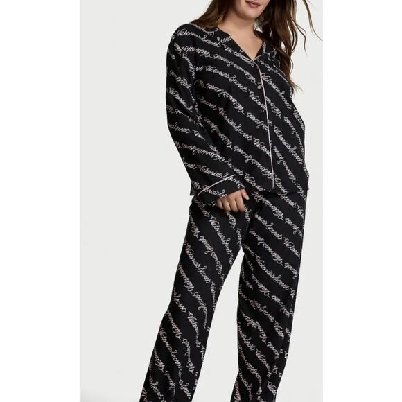 Victoria Secret Allover Signature Pink Black Pajama Set Women's Large - Picture 11 of 11
